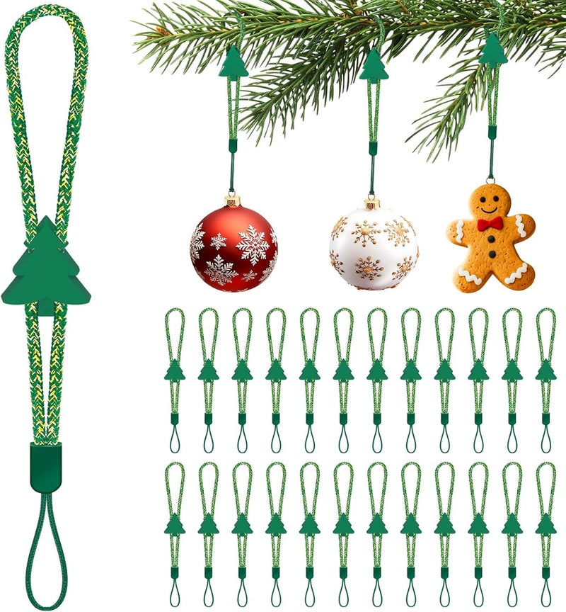 ANGAR 24 Pcs Adjustable Christmas Ornament Hooks, No-Slip Cat Child Proof Ornament Hangers String for Hanging Christmas Tree Decorations, Strong Accessorie for Small & Large Ornaments(Green-Gold) - Image 1